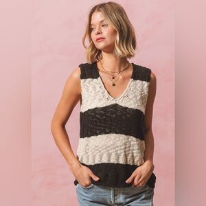So Me Black and Cream Striped Knit V-Neck Sleeveless Top